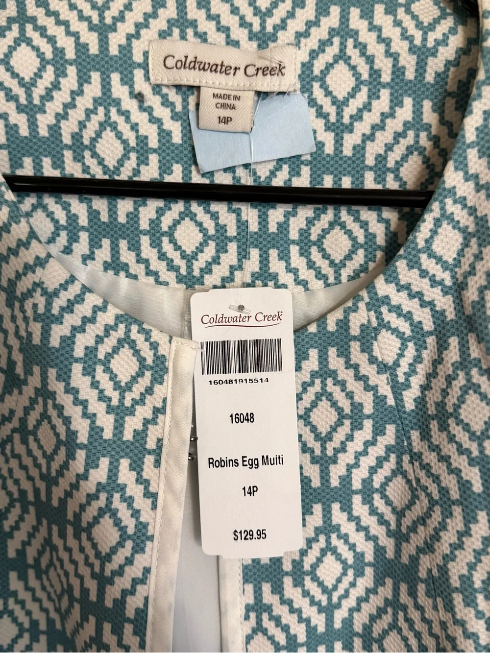 NWT Coldwater Creek Teal and White Geometric Open-Front Blazer